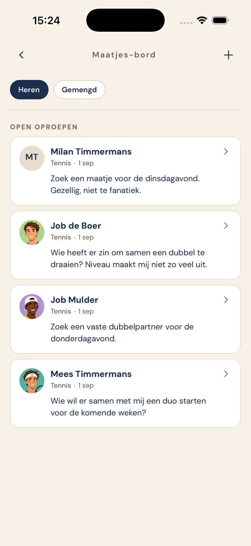 Maatjes-bord met leden die een duo zoeken