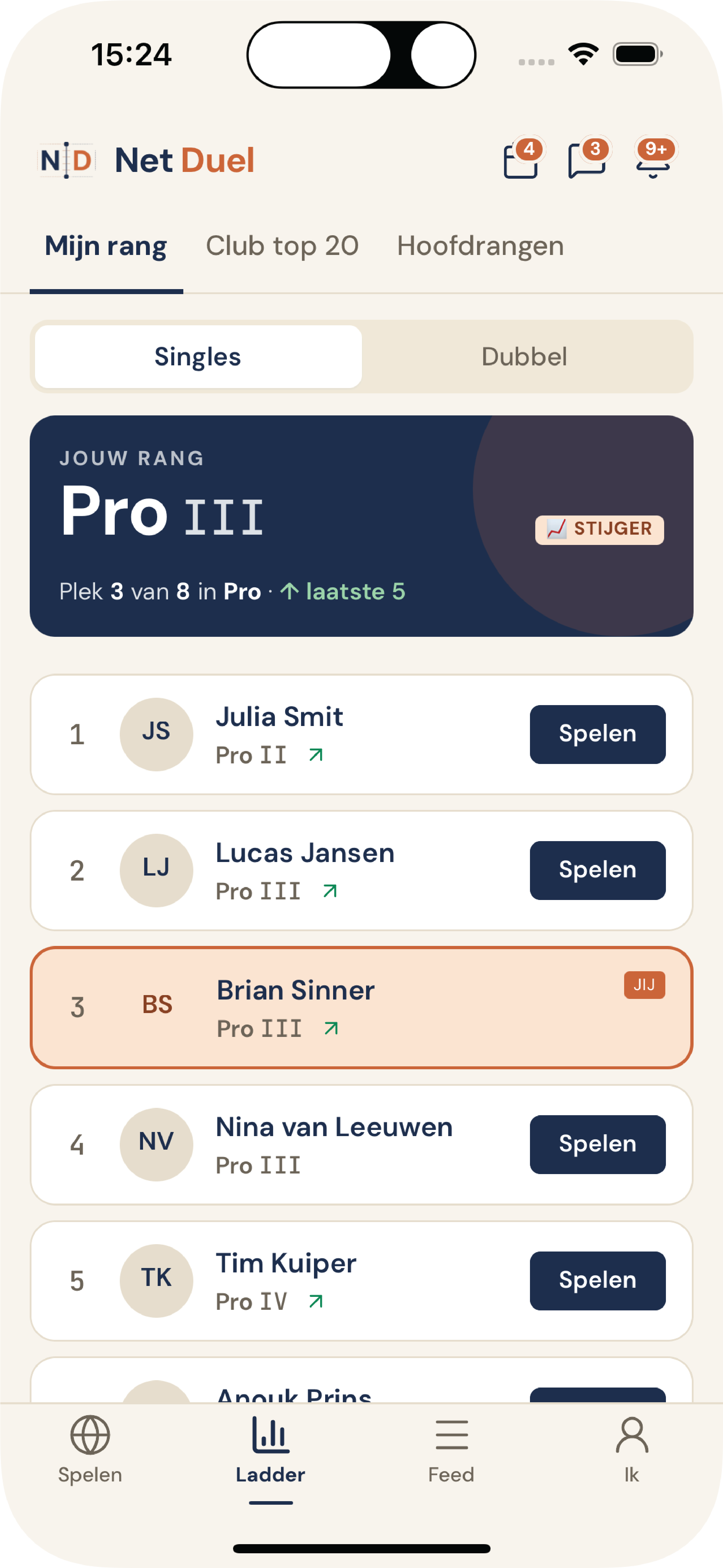 Net Duel ladder-scherm