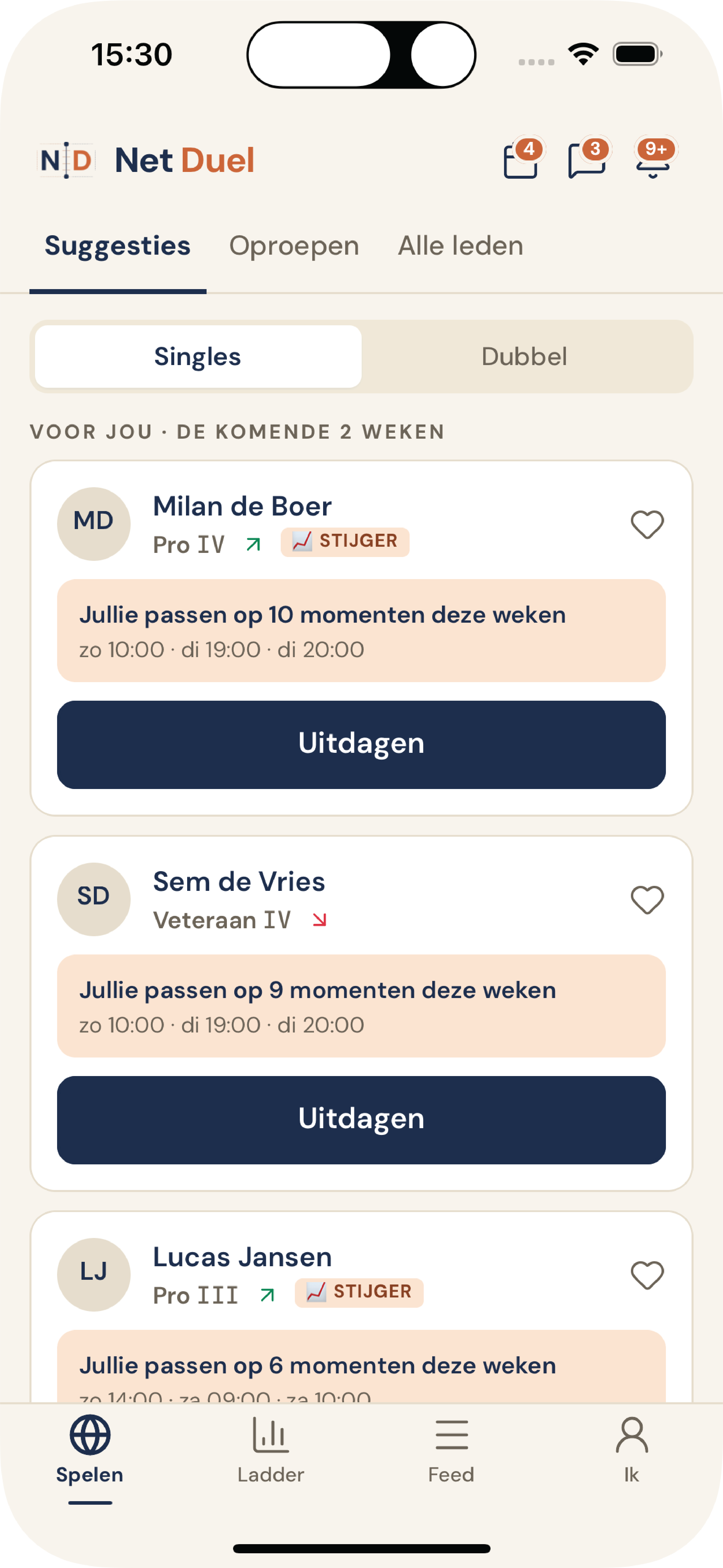 Net Duel ladder-scherm in de app