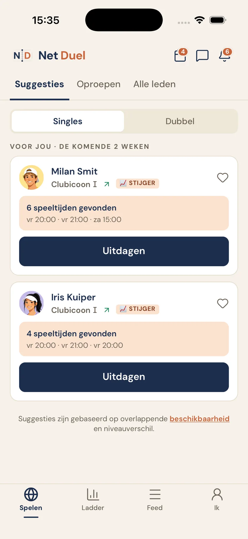 Het Spelen-scherm van Net Duel met suggesties voor tegenstanders op jouw niveau