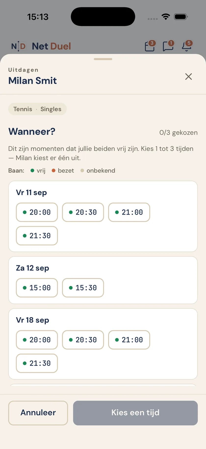 Uitdaagscherm met momenten waarop jullie allebei kunnen, inclusief of er een baan vrij is